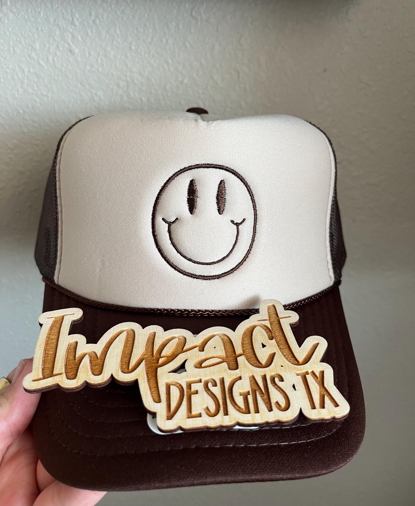 Embroidered Smiley Face Foam Trucker Hat – Minimalist Neutral Design