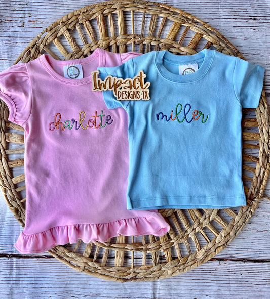 Custom Kids’ Embroidered Name Shirt – Personalized Rainbow Design