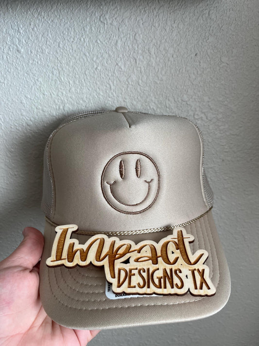 Embroidered Smiley Face Foam Trucker Hat – Minimalist Neutral Design