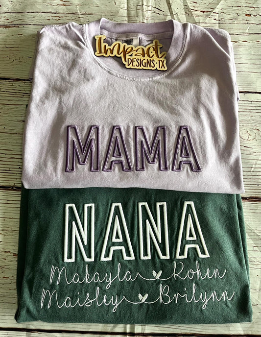 Custom 3D Puff Embroidered Shirt – Mama or Grandma Name Outline Tee