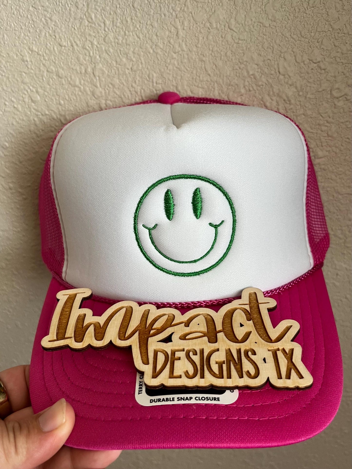 Embroidered Smiley Face Foam Trucker Hat – Minimalist Neutral Design
