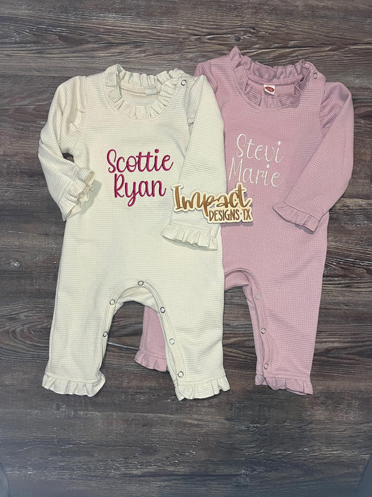 Monogrammed Baby Girl Ruffle Romper – Personalized Long Sleeve Baby Outfit