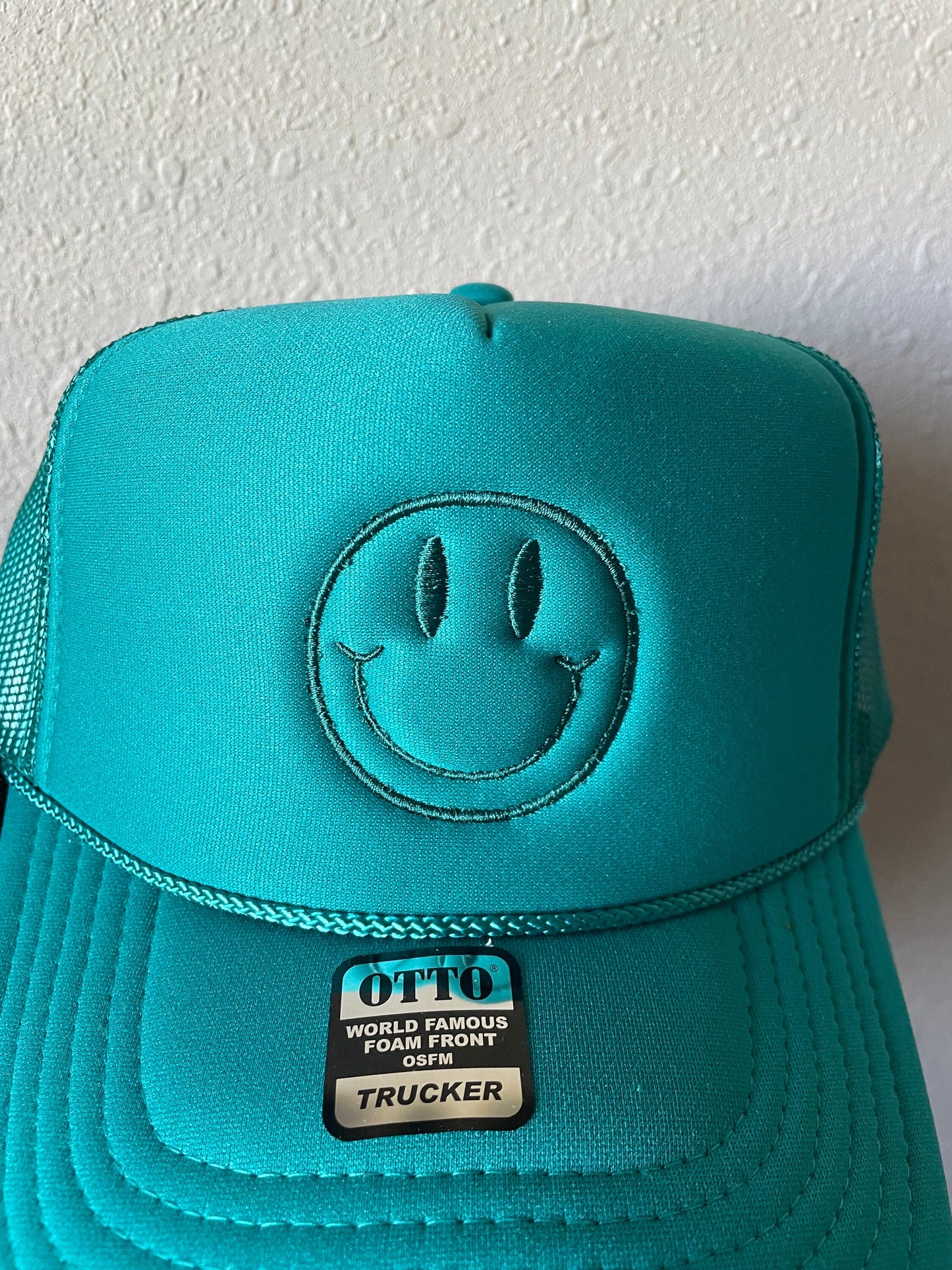 Embroidered Smiley Face Foam Trucker Hat – Minimalist Neutral Design
