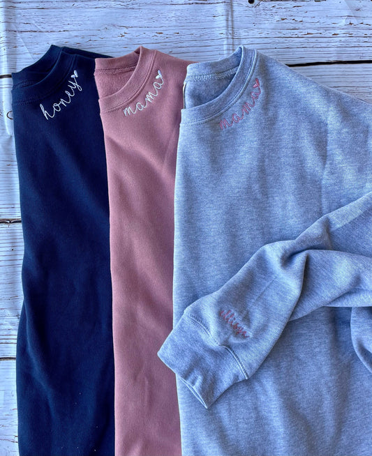 Custom Name Sleeve Sweatshirt – Embroidered Mama or Grandma Gift