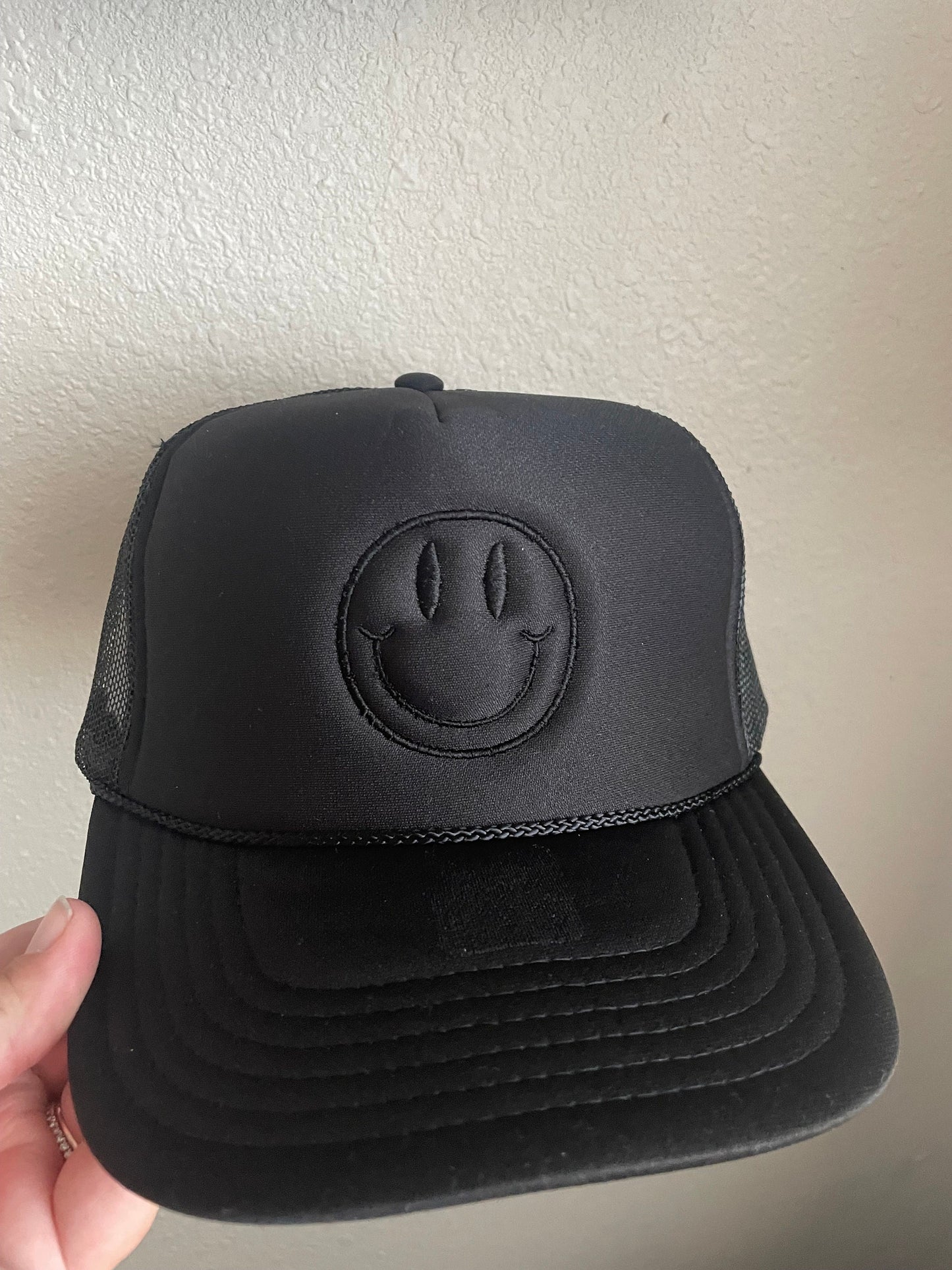 Embroidered Smiley Face Foam Trucker Hat – Minimalist Neutral Design