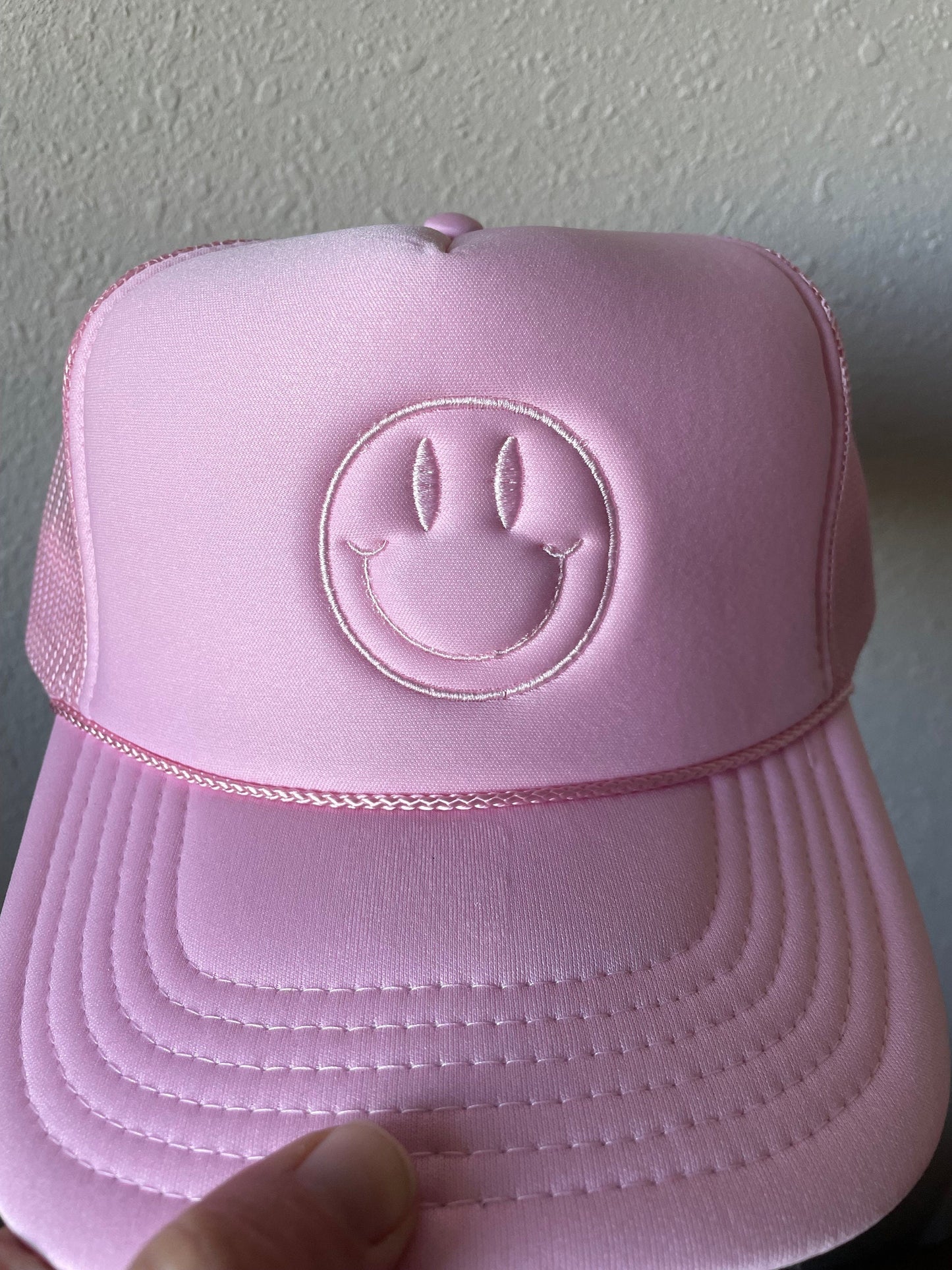 Embroidered Smiley Face Foam Trucker Hat – Minimalist Neutral Design