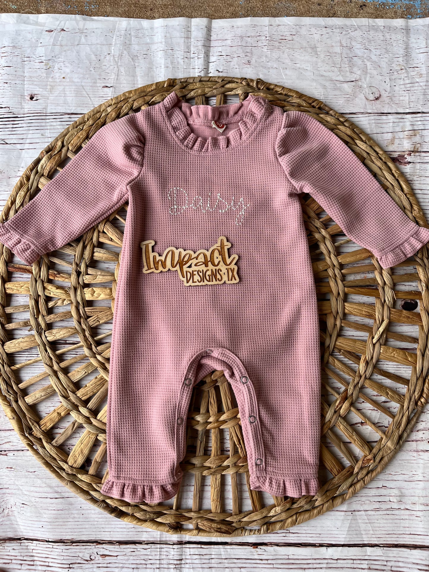 Monogrammed Baby Girl Ruffle Romper – Personalized Long Sleeve Baby Outfit