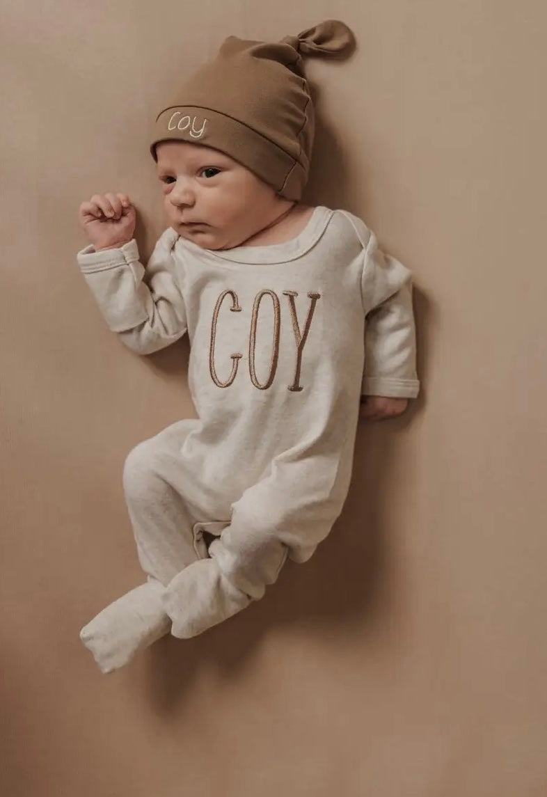 Newborn Birth Announcement Romper, Going Home Outfit with fold over mittens