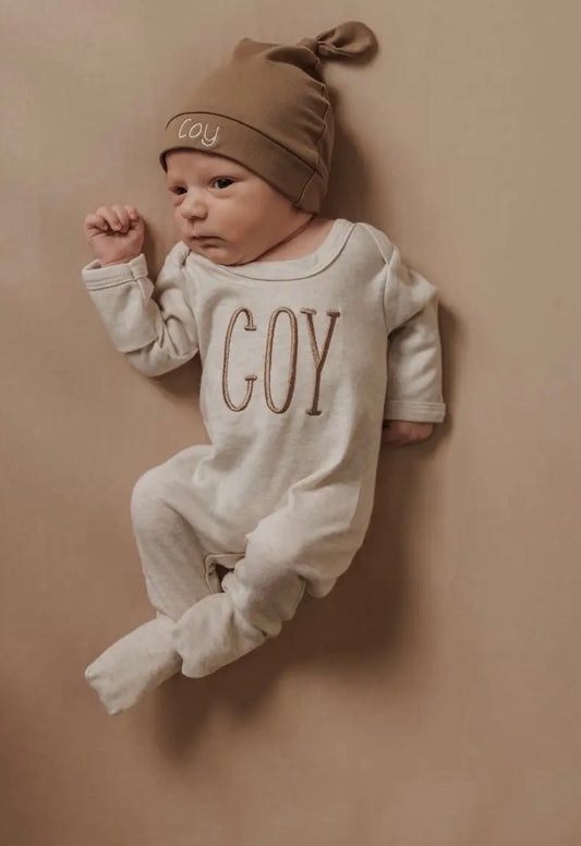 Newborn Birth Announcement Romper, Going Home Outfit with fold over mittens