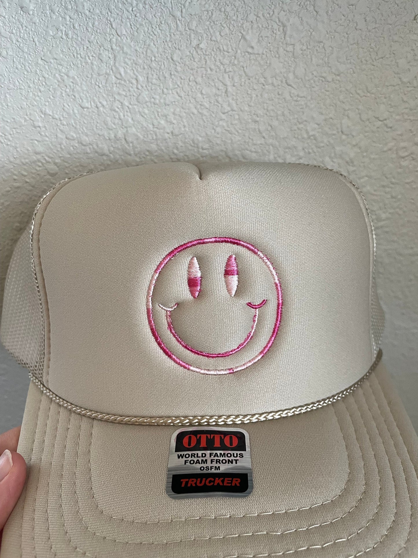 Embroidered Smiley Face Foam Trucker Hat – Minimalist Neutral Design
