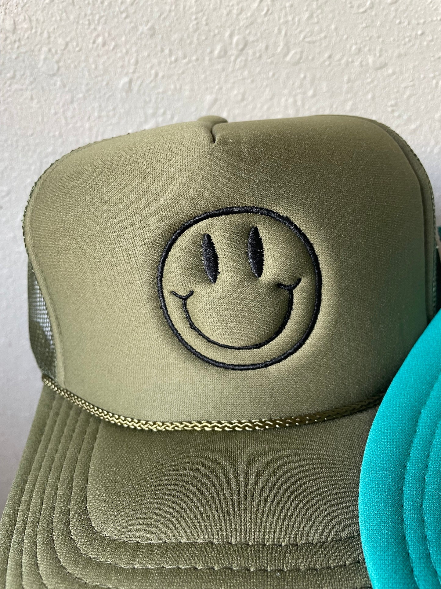 Embroidered Smiley Face Foam Trucker Hat – Minimalist Neutral Design