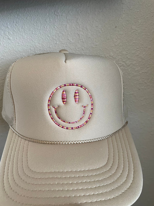 Embroidered Smiley Face Foam Trucker Hat – Minimalist Neutral Design