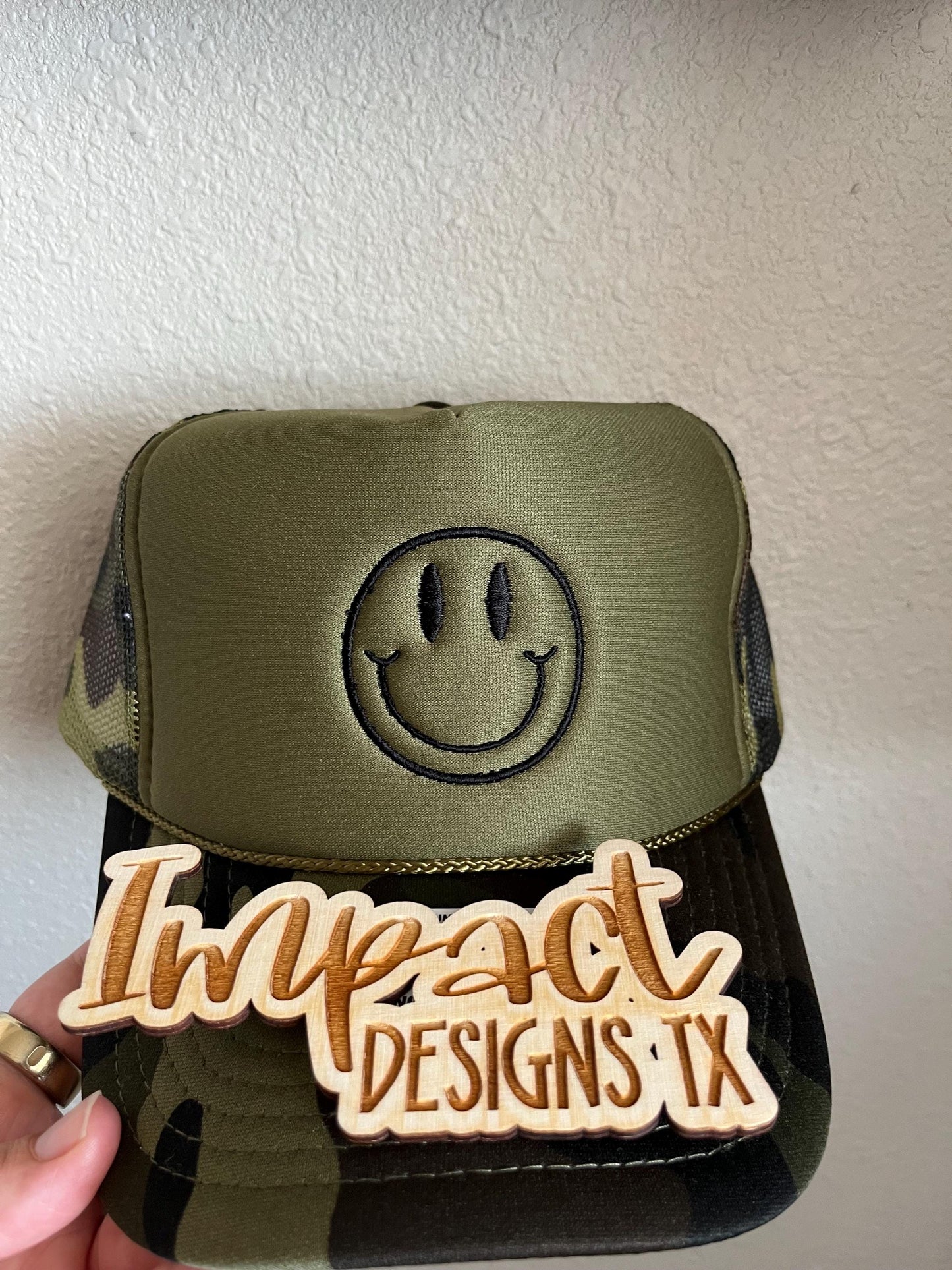 Embroidered Smiley Face Foam Trucker Hat – Minimalist Neutral Design